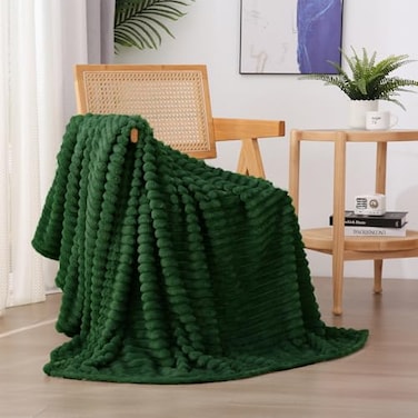 Linecooo Green Fleece Throw Blanket 5060 for Couch Sofa BedSuper Soft Cozy Plush Microfiber Flannel Blanket with Stripes Design Lightweight for Adults Woman Girls
