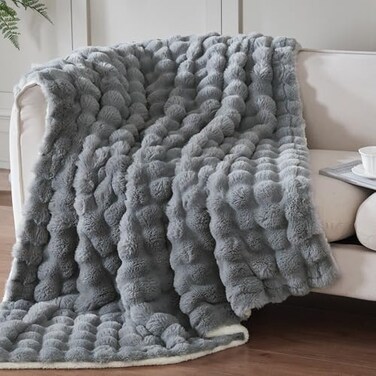 Serenhom 50x60 Inches UltraSoft Fuzzy Faux Fur Plush Throw Blanket Thick Warm Sherpa for Couch Sofa Bedroom Camping Decorative Blanket for Cozy Warmth Bubble Grey