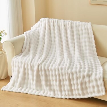 NEWCOSPLAY Throw Blanket for Couch Ivory Super Soft Flannel Fleece 3D Bubble Lightweight Bed Blanket All Season Use Ivory Throw50x60