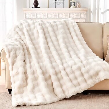 Nobleer Luxury Faux Rabbit Fur Throw Blanket Soft Bubble Fluffy Blanket Cozy Fuzzy Throw Blankets for Bed Sofa Couch Decorative Thick Warm Plush Fuzzy Elegant Soft Mink Blanket 50 x 60Cream White