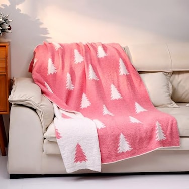 Buryeah Knit Throw Blanket 50 x 60 Inch Reversible Knitted Throw Blanket Cozy Soft Lightweight Gift for Couch Sofa BedPink and WhiteChristmas Tree