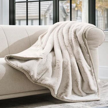 EVERGRACEHOME Ultra Soft Luxury Fluffy Mink Faux Fur Throw Blanket Thick Warm Fall Winter Blankets for Bed Couch Cozy Plush Reversible Blanket for Chair Sofa Tipped Champagne Ivory 60x80