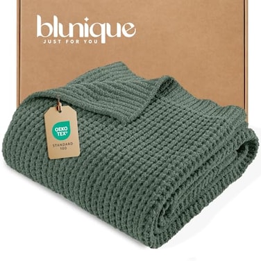 blunique Waffle Knit Throw Blanket Luxury Cozy Chunky Knit Throw Blanket for Couch 50 x 60 Inch Thick UltraSoft Feather Yarn Knitted Blanket for Sofa Bed Home Decor Sage