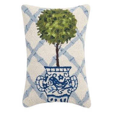 Peking Handicraft Ball Topiary in Chinoiserie Pot with Blue Trellis 12 x 18 Hooked Wool Throw Pillow with Polyfill Insert