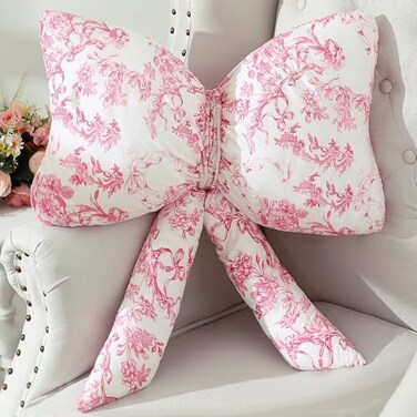 Colingmill Bow Shaped Throw Pillow 24 Inch Large Pink and White Chinoiserie Floral Pillow Decorative Coquette Fancy Decor for Sofa Bed Couch Living Room