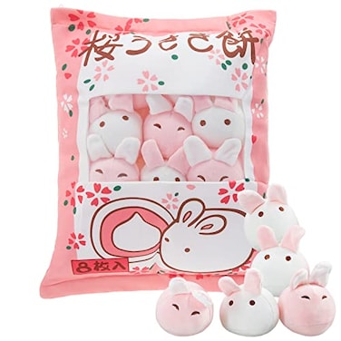 Civaner Kawaii Bunny Plush Pillow Cute Room Decor Cherry Blossom Throw Pillow Pink Removable Stuffed Animal Fluffy for Easter Home Birthday Spring Sakura Gifts Bag