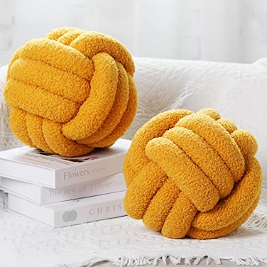 Namalu 2 Pcs Knot Pillows Decorative Round Ball Throw Plush Pillows Boucle Knotted Circle Soft Pillows Cushion for Room Sofa Home Bed Floor11 InchTurmeric