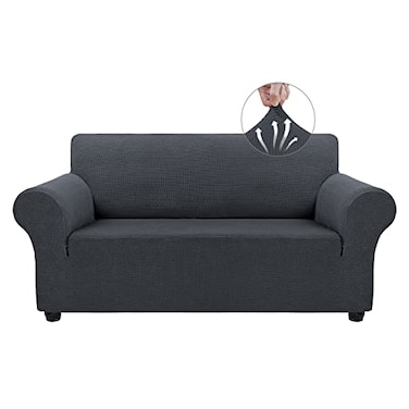 Asnomy Sofa Covers for 2 Cushion Couch Stretch loveseat Covers Slipcovers Pet Protector Furniture Covers for Dogs Cats Spandex Jacquard Fabric Small Checks MediumCharcoal Ash