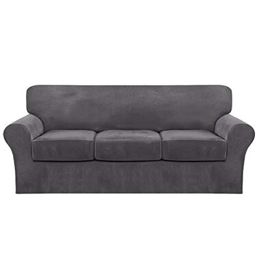 FantasDecor 4 Piece Sofa Velvet Couch Covers for 3 Cushion Stretch Slipcover with Individual Seat Cushion Elastic Furniture Protector for Pets Machine Washable Sofa Gray
