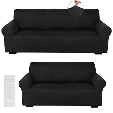 Peryiter 2 Pcs Sofa Covers Couch and Loveseat Covers Set Stretch Sofa Slipcover for Living Room Armchair Furniture Protector Wrinkle ProofBlackMilk Silk