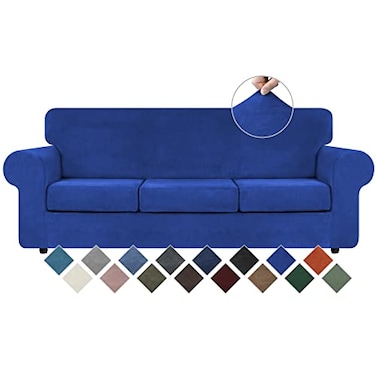 WEERRW 4 Pieces High Stretch Couch Covers for 3 Cushion Couch Sofa Slipcovers Washable Furniture Protector with Non Slip Elastic Bottom Feature Soft and Thick Plush Fabric Royal Blue Large