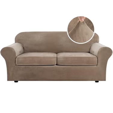 H.VERSAILTEX HVERSAILTEX Real Velvet Plush 3 Piece Stretch Sofa Covers Couch Covers for 2 Cushion Couch Sofa Slipcovers Width Up to 90 Inch Feature Thick Soft Stay in Place Large Sofa Camel