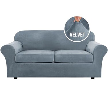 H.VERSAILTEX HVERSAILTEX Real Velvet Plush 3 Piece Stretch Sofa Covers Couch Covers for 2 Cushion Couch Sofa Slipcovers Width Up to 90 Inch Feature Thick Soft Stay in Place Large Sofa Stone Blue
