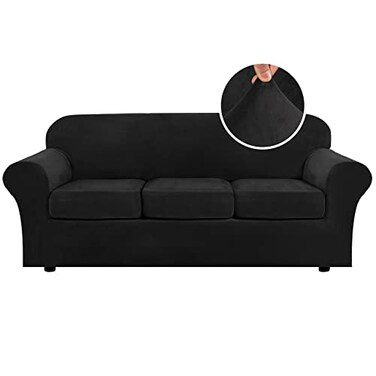 H.VERSAILTEX HVERSAILTEX Modern Velvet Plush 4 Piece High Stretch Sofa Slipcover Sofa Cover Furniture Protector Form Fit Luxury Thick Velvet Sofa Cover for 3 Cushion Couch Width Up to 90 Inch SofaBlac