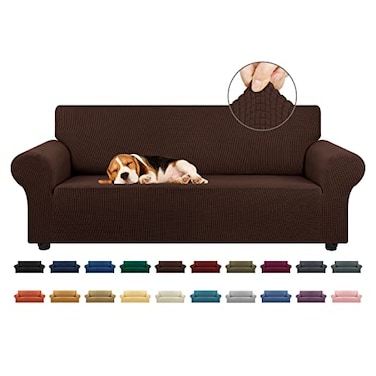 KEKUOU Stretch Sofa Cover Slipcover Couch Covers for 3 Cushion Couch Sofa pet Friendly 7894 Furniture Protector Sofa with Elastic Bottom for KidsDog Jacquard Small CheckedLargeChocolate