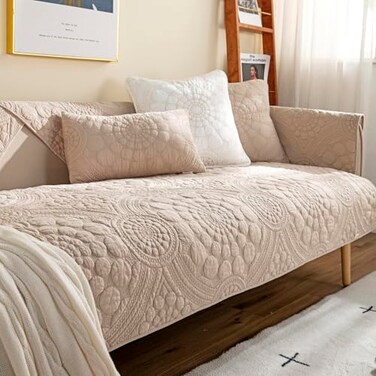 vctops Boho Circle Embroidery Couch Sofa Cover Solid Color Cotton Quilted NonSlip Sectional Couch Covers Sofa Slipcover for Dogs Children Pets Furniture Protector Khaki28x28