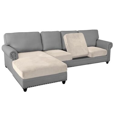 PrinceDeco Sectional Couch Covers 4 Pieces Couch Covers for Sofa Velvet Separate Couch Cover L Shape for LeftRight Chaise3 Seater 1 ChaiseIvory