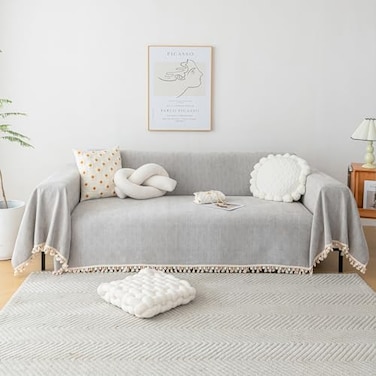 HANDONTIME Grey Sofa Cover for Couch Boho Couch Cover for 3 Seat Dog Couch Cover Love Seat Couch Covers Light Grey Sectional Cover 71 X134 Tassel Chenille Herringbone Sofa Covers Washable