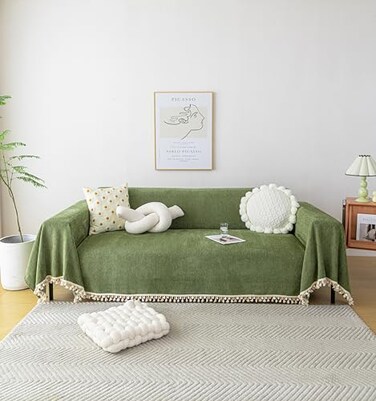 HANDONTIME Green Sofa Cover Vintage Couch Cover for Dogs 71 X118 Couch Cushion Covers with Tassel Herringbone Sofa Cover Boho Sofa Covers for 3 Cushion Couch Chenille Soft Loveseat Sofa Covers