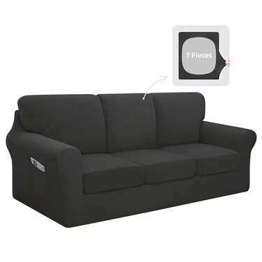 Easy-Going EasyGoing 7 Pieces Stretch Couch Cover Washable Sofa Cover Set for 3 Backrest and Seat Cushion Couch AntiSlip Sofa Slipcover Furniture Protector with Elastic Bottom Large Dark Grey