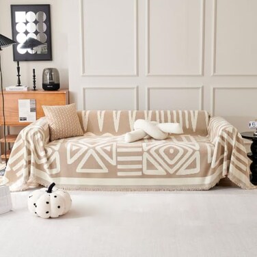 VClife Boho Couch Cover Washable Sofa Cover for Dog Oversize Couch Covers for 34 Cushion Couch Modern Khaki Creamy White Geometric Sofa Slipcovers Multifunctional Furniture Protector 91 x 150