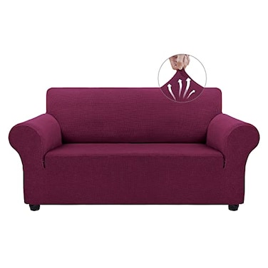 Asnomy Sofa Covers for 2 Cushion Couch Stretch loveseat Covers Slipcovers Pet Protector Furniture Covers for Dogs Cats Spandex Jacquard Fabric Small Checks MediumWine Red