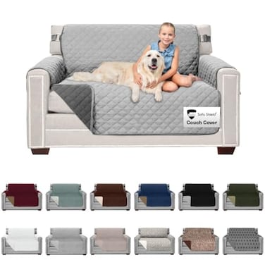 Sofa Shield Couch Loveseat Covers for Dogs Reversible Furniture Protector with Strap Stain and Tear Resistant Cushion Cover 54 inch Seat Machine Washable Slipcover Pets Cats Light Gray Charcoal