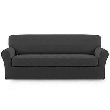Easy-Going EasyGoing 2 Pieces Microfiber Stretch Sofa Slipcover Spandex Soft Fitted Sofa Couch Cover Washable Furniture Protector with Elastic Bottom KidsPet Oversized Sofa Dark Gray