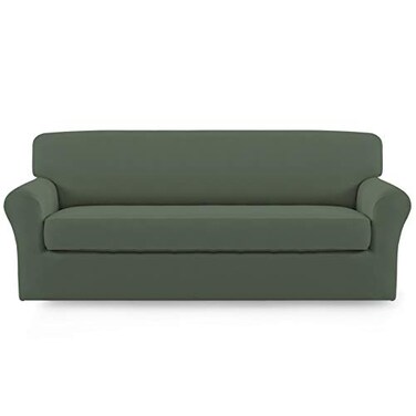 Easy-Going EasyGoing 2 Pieces Microfiber Stretch Sofa Slipcover Spandex Soft Fitted Sofa Couch Cover Washable Furniture Protector with Elastic Bottom KidsPet Oversized Sofa Greyish Green