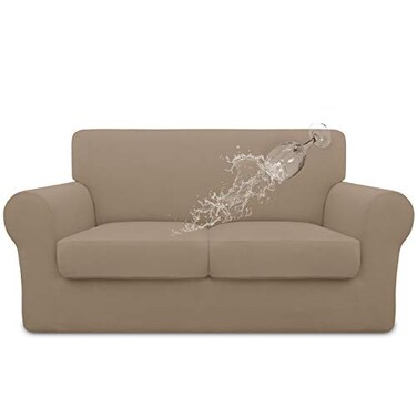 Easy-Going EasyGoing 100 Dual Waterproof 3 Pieces Loveseat Cover Stretch Soft Couch Cover for Dogs Sofa Slipcover for 2 Separate Cushion Couch Leakproof Furniture Protector for Kids Pets Camel