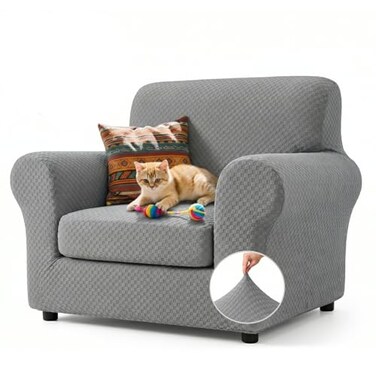YEMYHOM Latest Checkered 2 Pieces Chair Covers for Living Room High Stretch Thickened Chair Slipcovers with Arms Anti Slip Elastic Armchair Sofa Couch Protector Light Gray 31461 Cushion