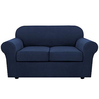 H.VERSAILTEX HVERSAILTEX 3 Piece Stretch Sofa Covers for 2 Cushion Loveseat Couch Covers for Living Room Sofa Slipcovers Base Cover Plus 2 Seat Cushion Covers Thicker Jacquard FabricMedium Sofa Navy