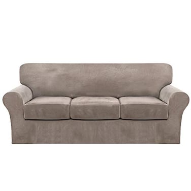 FantasDecor 4 Piece Sofa Velvet Couch Covers for 3 Cushion Stretch Slipcover with Individual Seat Cushion Elastic Furniture Protector for Pets Machine Washable Sofa Taupe