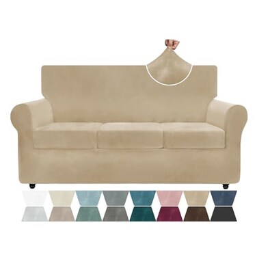ZNSAYOTX Luxury Velvet Couch Cover 4 Piece 7292 Stretch Sofa Covers for 3 Cushion Couch Thick Soft Sofa Slipcover with Non Slip Strap Dog Pet Friendly Nice Furniture Protector Camel
