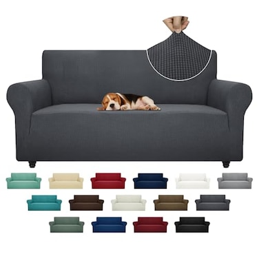 ZNSAYOTX Super Stretch Couch Cover 7292 Universal Sofa Covers with Elastic Bottom Dog Cat Pets Friendly Washable Furniture Protector Fitted Sofa Slipcovers Stay in Place Dark Grey Sofa