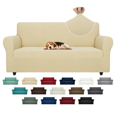 ZNSAYOTX Super Stretch Couch Cover 7292 Universal Sofa Covers with Elastic Bottom Dog Cat Pets Friendly Washable Furniture Protector Fitted Sofa Slipcovers Stay in Place Beige Sofa