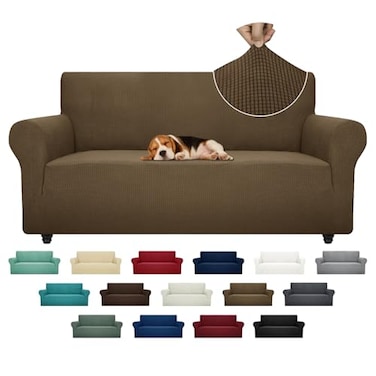 ZNSAYOTX Super Stretch Couch Cover 7292 Universal Sofa Covers with Elastic Bottom Dog Cat Pets Friendly Washable Furniture Protector Fitted Sofa Slipcovers Stay in Place Brown Sofa