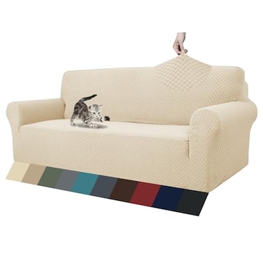 ZNSAYOTX 1 Piece Jacquard Couch Covers for 3 Cushion Couch High Stretch Sofa Cover for Pets Dogs Anti Slip Extra Large Sofa Slipcovers Furniture Protector XL Sofa Light Beige