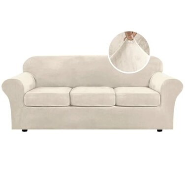 H.VERSAILTEX HVERSAILTEX Modern Velvet Plush 4 Piece High Stretch Sofa Slipcover Furniture Protector Form Fit Luxury Thick Sofa Cover for 3 Cushion Couch Machine Washable Width Up to 90 InchSofaIvory