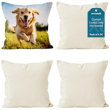 Encasa XO Throw Pillow Covers 18x18 Sublimation Blank Natural Pack of 4 Pack with Invisible Zipper Soft Polyester Twill Cushion Cases Suitable for DIY Digital Printing Painting