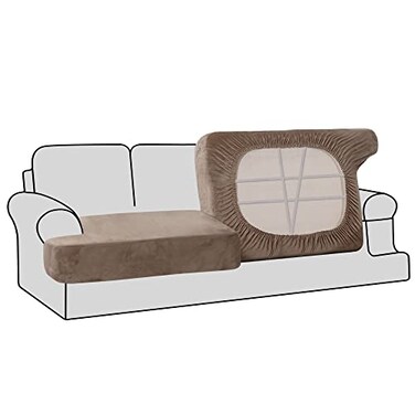H.VERSAILTEX HVERSAILTEX Stretch Velvet 2 Piece T Cushion Sofa Slipcovers Individually Fitting Cushion Covers for 2 Cushion Couch Stay in Place Taupe
