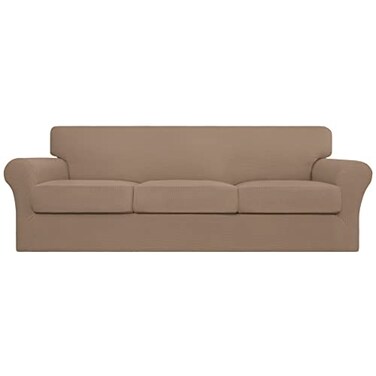 Easy-Going EasyGoing 4 Pieces Stretch Couch Cover Oversized Sofa Cover for Dogs Washable Sofa Slipcover for 3 Separate Cushion Couch Spandex Elastic Furniture Protector for Pets Kids Camel Oversized S
