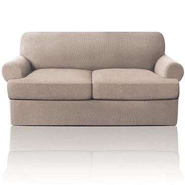 PrinceDeco T Cushion Loveseat Slipcover 3 Pieces Sofa Covers for T Cushion Sofa Stretch Slip Covers for 2 Cushion Couch with 2 Individual T Shape Seat Covers Width Up to 76 Washable Sand