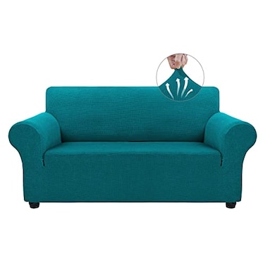 Asnomy Sofa Covers for 2 Cushion Couch Stretch loveseat Covers Slipcovers Pet Protector Furniture Covers for Dogs Cats Spandex Jacquard Fabric Small Checks MediumPeacock Blue