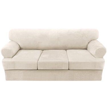 H.VERSAILTEX HVERSAILTEX Sofa Cover 4 Piece T Cushion Sofa Slipcovers Couch Cover Furniture Protector Stretch T Cushion Sofa Covers for 3 Cushion Couch with 3 Individual T Cushion Covers Ivory