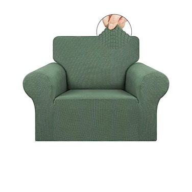 KEKUOU Stretch Single Sofa Slipcover 1 Piece Couch Sofa Cover 3155 Furniture Protector 1 Seater Sofa with Elastic Bottom for KidsPetJacquard Small Checked Pattern FabricSmallGreyish Green