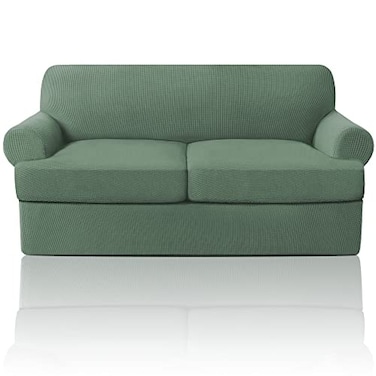 PrinceDeco T Cushion Loveseat Slipcover 3 Pieces Sofa Covers for T Cushion Sofa Stretch Slip Covers for 2 Cushion Couch with 2 Individual T Shape Seat Covers Width Up to 76 Loden Frost