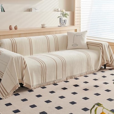 DREAMINGO Couch Cover Reversible Chenille 3 Seat Sofa Covers for Pet Kids Beige Coffee Couch Protector for 3 Cushion Couch Sofa Vertical Stripe Jacquard Sofa Slipcover Sectional 71x134