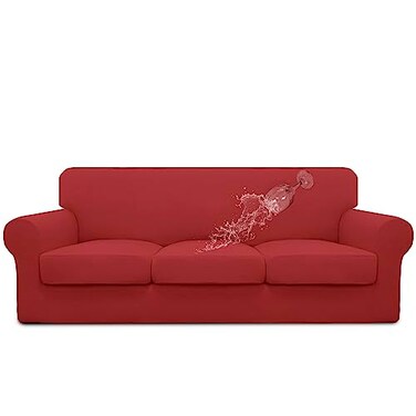 Easy-Going EasyGoing 100 Dual Waterproof 4 Pieces Stretch Soft Couch Cover for Dogs Sofa Slipcover for 3 Separate Cushion Couch Leakproof Furniture Protector for Kids Pets Christmas Red
