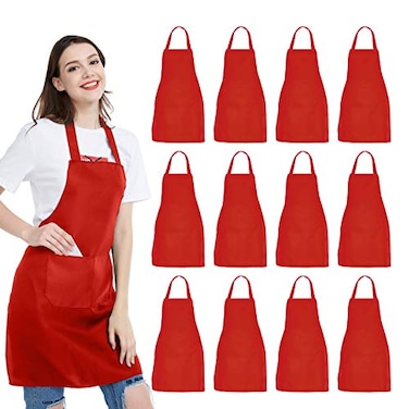 NOBONDO 12 Pack Bib Apron Unisex Red Apron Bulk with 2 Roomy Pockets Machine Washable for Kitchen Crafting BBQ Drawing